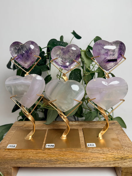 Phantom Amethyst x Yttrium Fluorite Heart w/ Stand - you pick