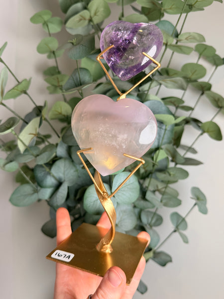Phantom Amethyst x Yttrium Fluorite Heart w/ Stand - you pick