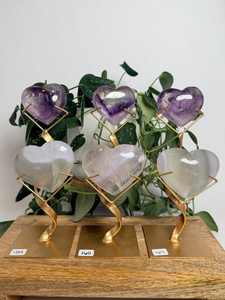 Phantom Amethyst x Yttrium Fluorite Heart w/ Stand - you pick