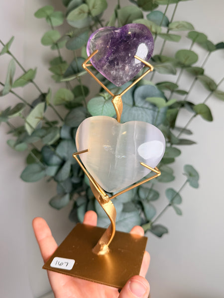 Phantom Amethyst x Yttrium Fluorite Heart w/ Stand - you pick