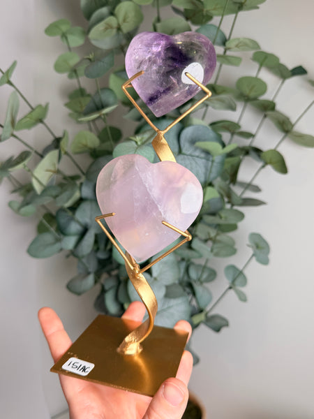 Phantom Amethyst x Yttrium Fluorite Heart w/ Stand - you pick