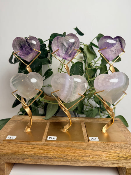 Phantom Amethyst x Yttrium Fluorite Heart w/ Stand - you pick