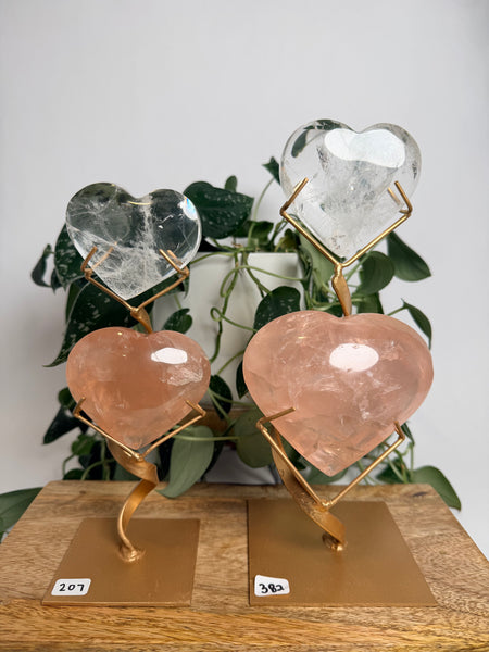 Rose x Clear Quartz Hearts w/ Stand - you pick