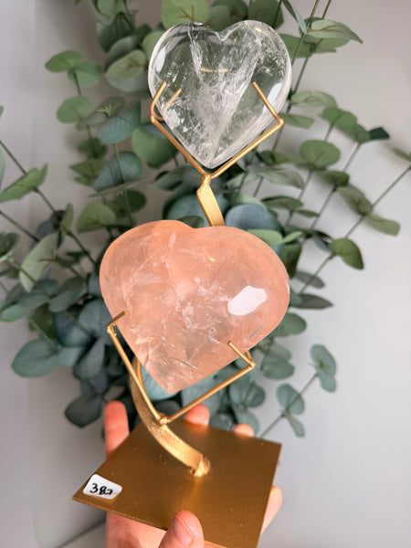 Rose x Clear Quartz Hearts w/ Stand - you pick