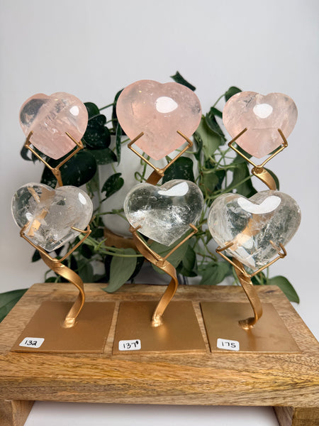 Rose x Clear Quartz Hearts w/ Stand - you pick