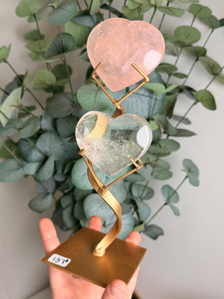 Rose x Clear Quartz Hearts w/ Stand - you pick