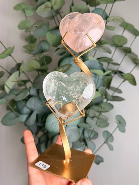 Rose x Clear Quartz Hearts w/ Stand - you pick