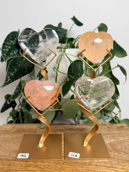 Rose x Clear Quartz Hearts w/ Stand - you pick