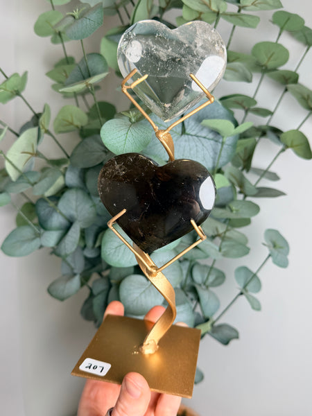 Clear & Smoky Quartz Hearts w/ Stand - you pick
