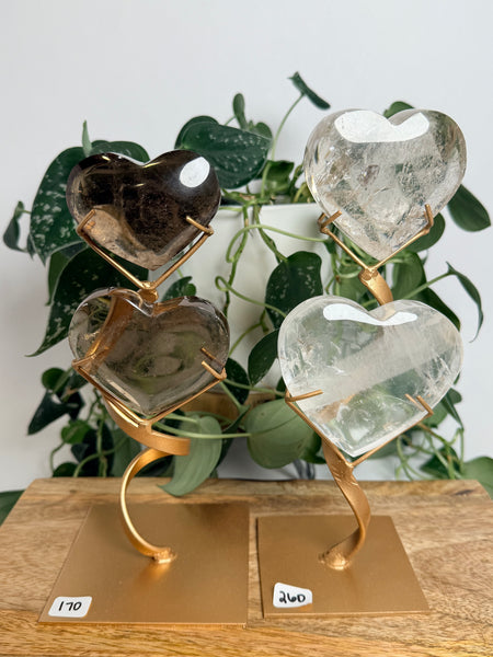 Clear & Smoky Quartz Hearts w/ Stand - you pick